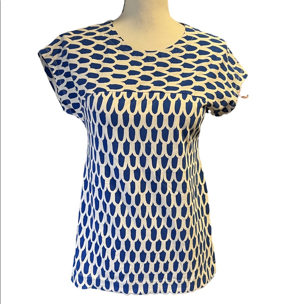MARIMEKKO Navy White Short Sleeves Boatneck Shirt Scalloped Print